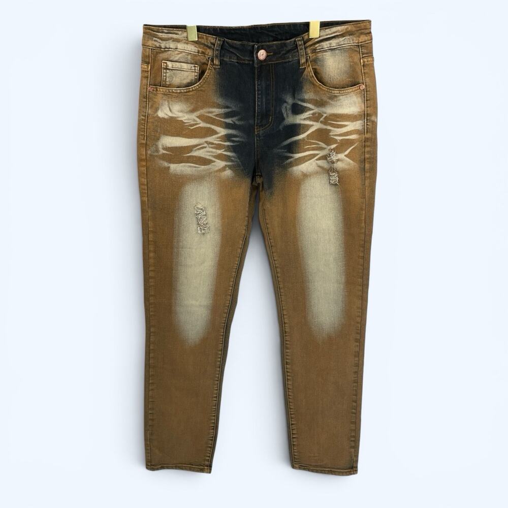 Junbaoss Men's Distressed Slim Fit Stretch Jeans Gold Black 34 (35x31.5) NWT